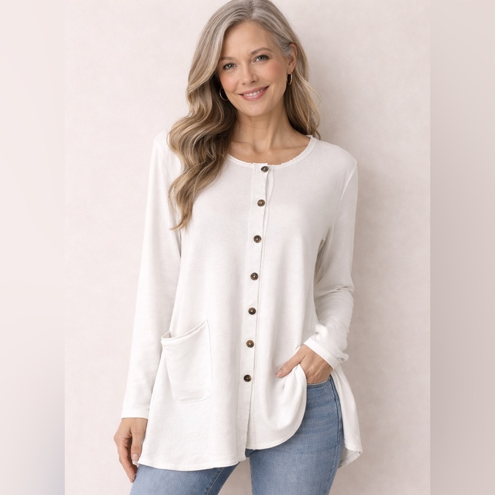 Vintage Color Me Cotton CMC Lagenlook Cardigan white Made USA Oyster Shell Small